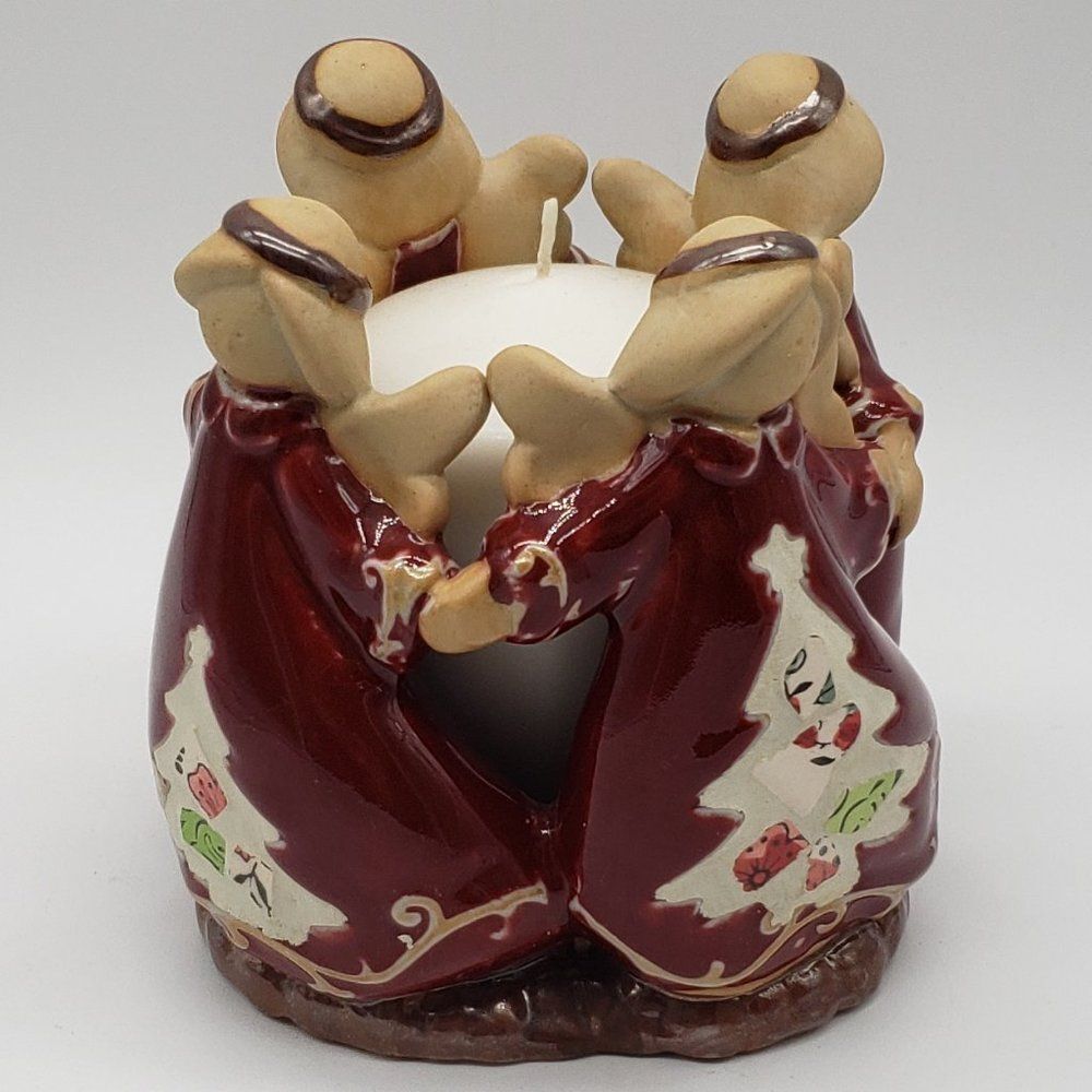 4 Christmas Tree Angels Holding Hands in Circle Stoneware Votive Candle Holder